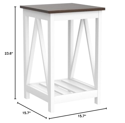 ChooChoo Farmhouse End Table, Rustic Vintage End Side Table with Storage Shelf for Small Spaces, Nightstand Sofa Table for Living Room, Bedroom White 2 Pack