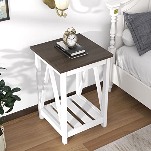 ChooChoo Farmhouse End Table, Rustic Vintage End Side Table with Storage Shelf for Small Spaces, Nightstand Sofa Table for Living Room, Bedroom White 2 Pack