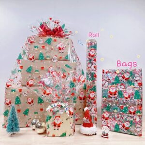 shareluck 100ft x 31.5’’ Christmas Cellophane Wrap Roll - Xmas Cellophane Wrap for Christmas to Wrap Gift Basket, Treat, Wine, Party Decoration. (31.5 Fold into 16”)