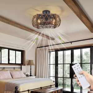 DUJAHMLAND Caged Ceiling Fan with Light, 17 In Ceiling Fan Lights with Remote, Adjustable Black Enclosed Farmhouse Industrial Flush Mount Ceiling Fan for Kitchen Bedroom(Antique 4-Light)