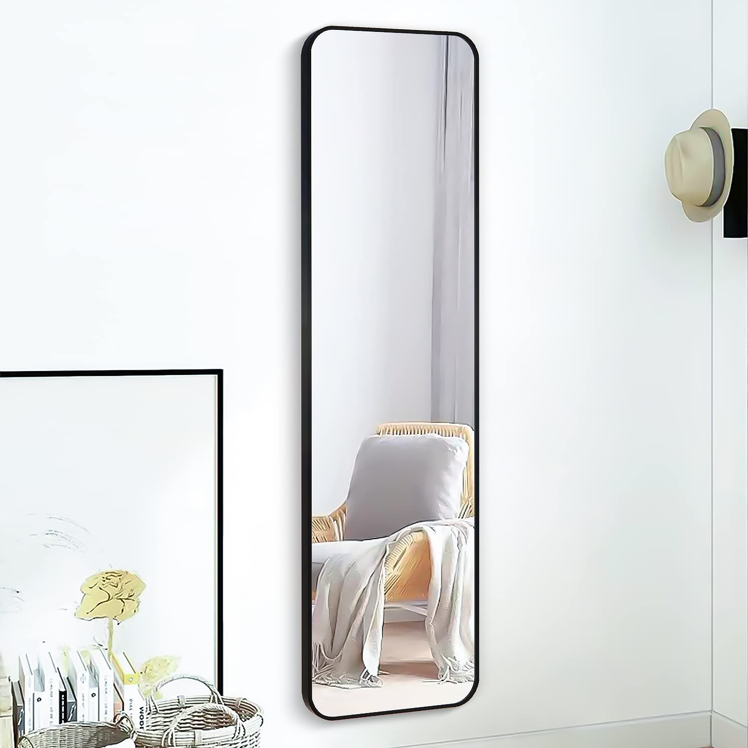 SCWF-GZ 47x14 Mirror Rectangle Full Body Length Door Hanging Wall Mounted Metal Frame Dressing Make-up Mirrors for Entryway Bedroom Bathroom Living Room 47 14 inch Black