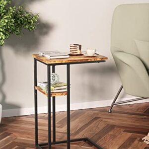 Innerjoin 2 Shelves C Side Table with Metal Frame, C Shaped End Table, TV Tray Table for Couch, Sofa Table for Living Room Bedroom, Bedside Table, Rustic Vintage Style, Brown