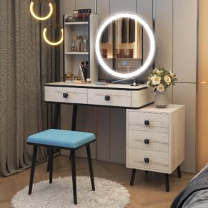 lvsomt vanity desk with mirror and lights, makeup vanity table with 3-color lights & charging station, vanity set with 5 drawers, dressing table with stool for women girls (wood white)