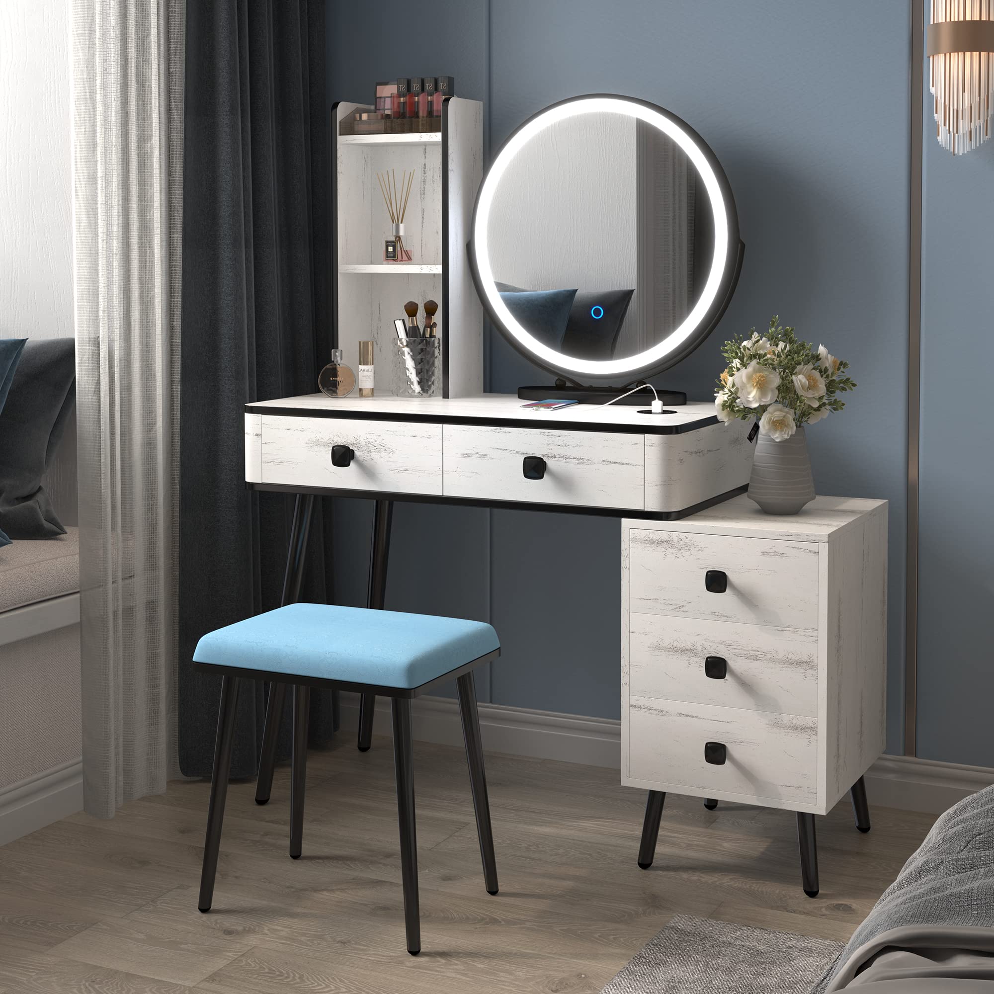 LVSOMT Vanity Desk with Mirror and Lights, Makeup Vanity Table with 3-color Lights & Charging Station, Vanity Set with 5 Drawers, Dressing Table with Stool for Women Girls (Wood White)