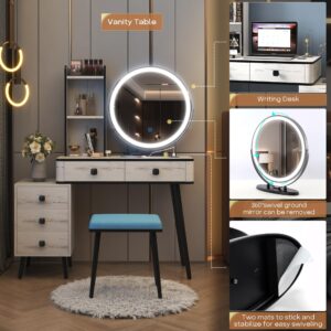 LVSOMT Vanity Desk with Mirror and Lights, Makeup Vanity Table with 3-color Lights & Charging Station, Vanity Set with 5 Drawers, Dressing Table with Stool for Women Girls (Wood White)