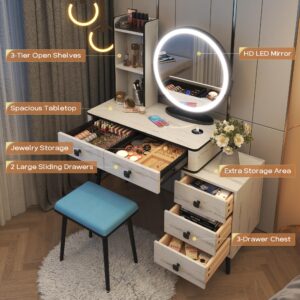 LVSOMT Vanity Desk with Mirror and Lights, Makeup Vanity Table with 3-color Lights & Charging Station, Vanity Set with 5 Drawers, Dressing Table with Stool for Women Girls (Wood White)