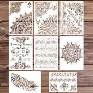 8 Piece Large Mandala Stencil Vintage Script Stencil Templates Reusable Feather French Border Furniture Stencils for Painting on Furniture Wood Canvas DIY Craft Wall Decoration (mandala1)