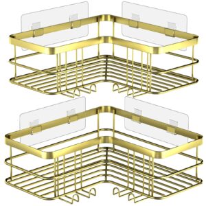 Yazoni Corner Shower Caddy, Adhesive Shower Shelves No Drilling [2-Pack], Rustproof Stainless Steel Bathroom Shower Organizer with 8 Hooks, Shower Shelf for Inside Shower (Gold)