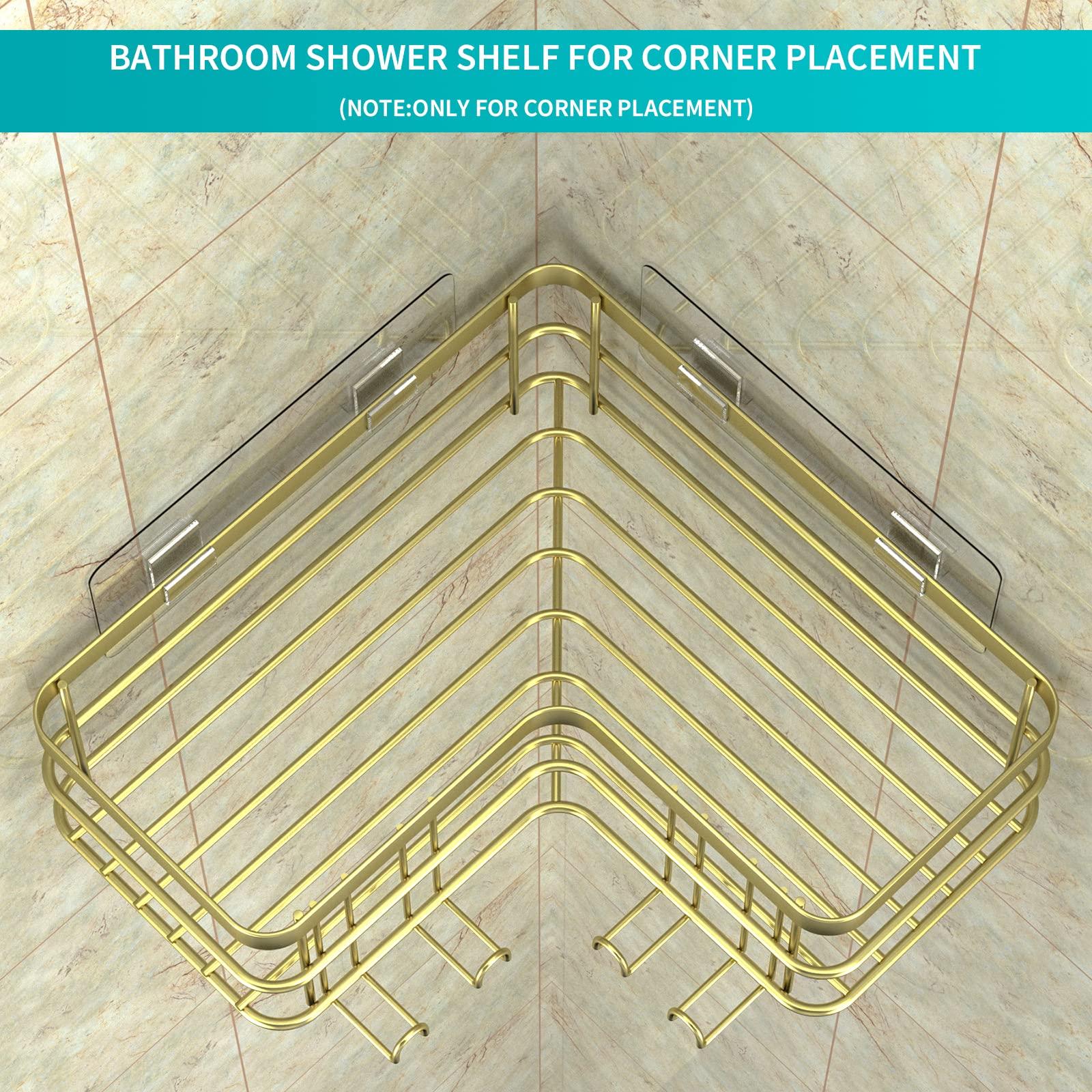 Yazoni Corner Shower Caddy, Adhesive Shower Shelves No Drilling [2-Pack], Rustproof Stainless Steel Bathroom Shower Organizer with 8 Hooks, Shower Shelf for Inside Shower (Gold)