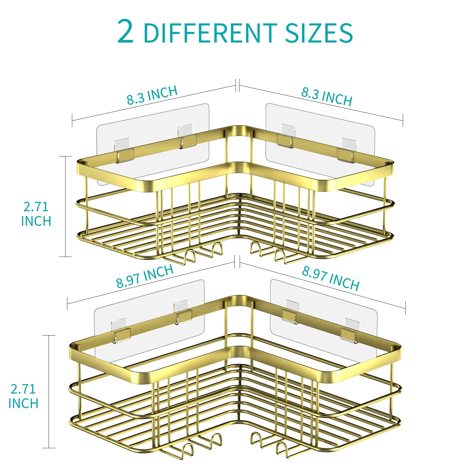 Yazoni Corner Shower Caddy, Adhesive Shower Shelves No Drilling [2-Pack], Rustproof Stainless Steel Bathroom Shower Organizer with 8 Hooks, Shower Shelf for Inside Shower (Gold)