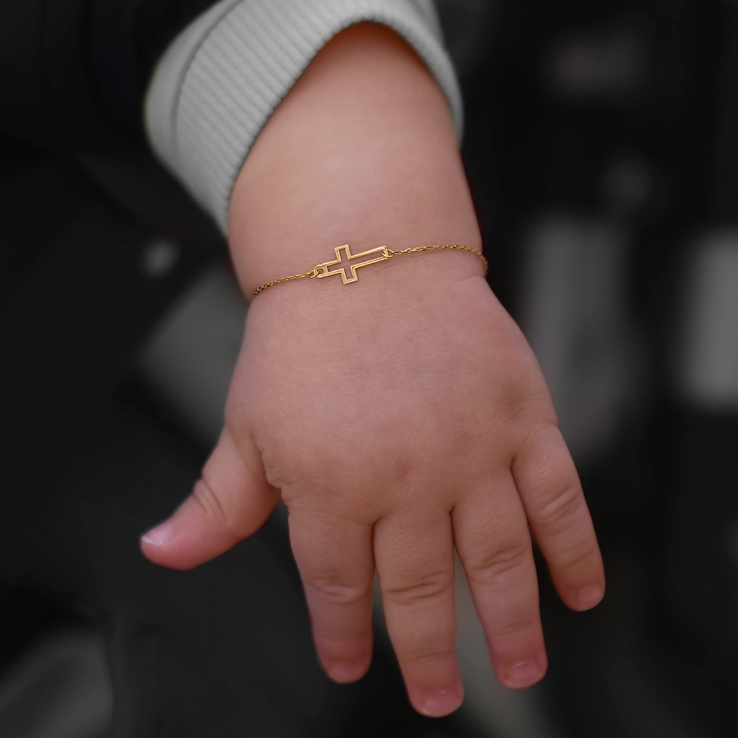 MIONZA Jewelry 14k Solid Gold Cross Bracelet for Women, Teen Girls, Baby | Real Gold Sideways Adjustable Cross Bracelet | Gold Plated Bracelet for Women | Christian Baptism Gift (Solid Gold Baby)