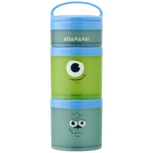 whiskware disney pixar stackable snack containers for kids and toddlers, 3 stackable snack cups for school and travel, monsters inc mike wazowski and sulley