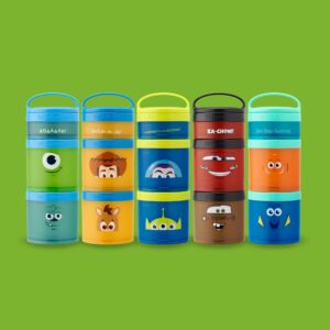 Whiskware Disney Pixar Stackable Snack Containers for Kids and Toddlers, 3 Stackable Snack Cups for School and Travel, Monsters Inc Mike Wazowski and Sulley