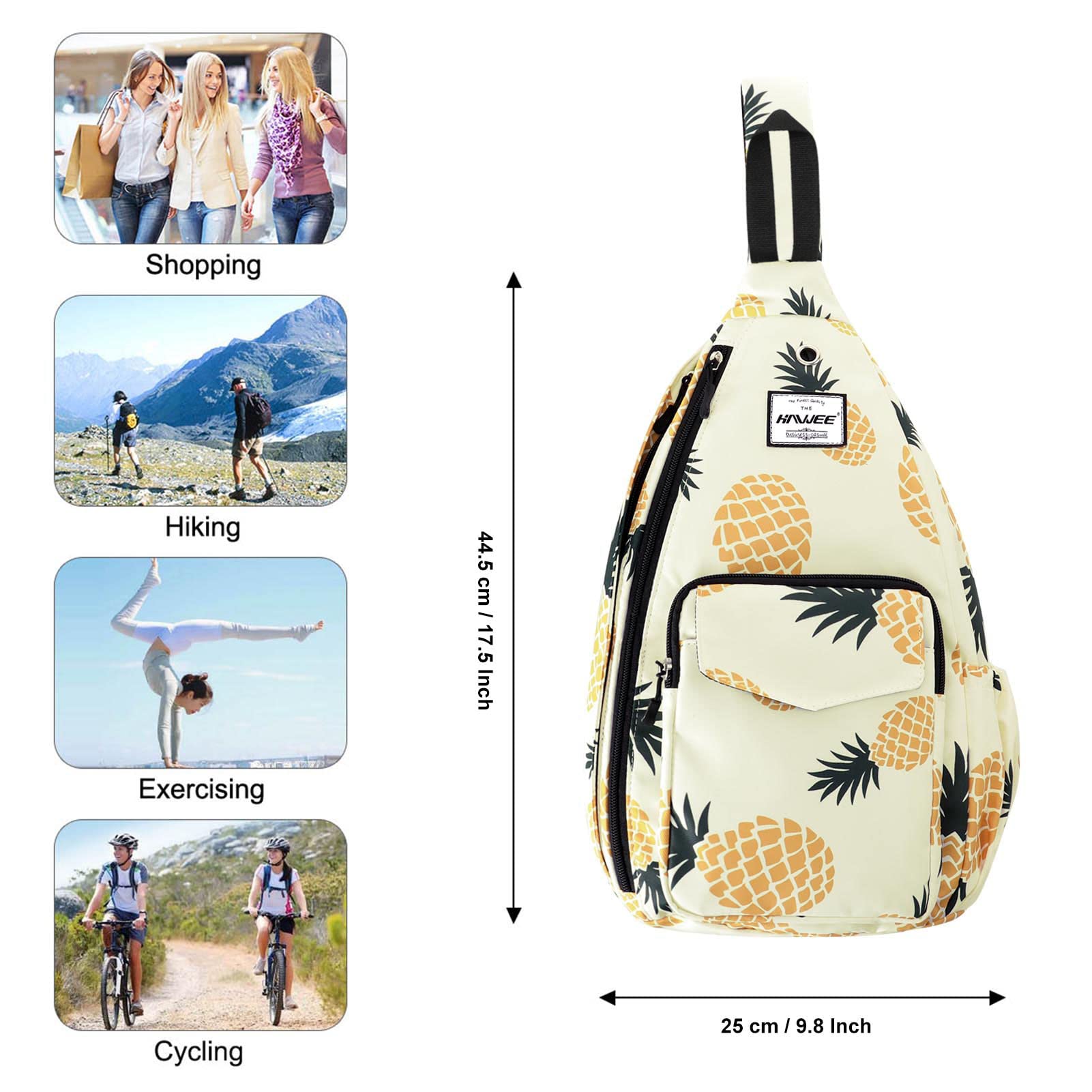 HAWEE Rope Sling Bag for Women Men Casual Cross Body Daypack Backpack Purse Adjustable Strap Bottle Pocket for Travel/Sport, Pineapple