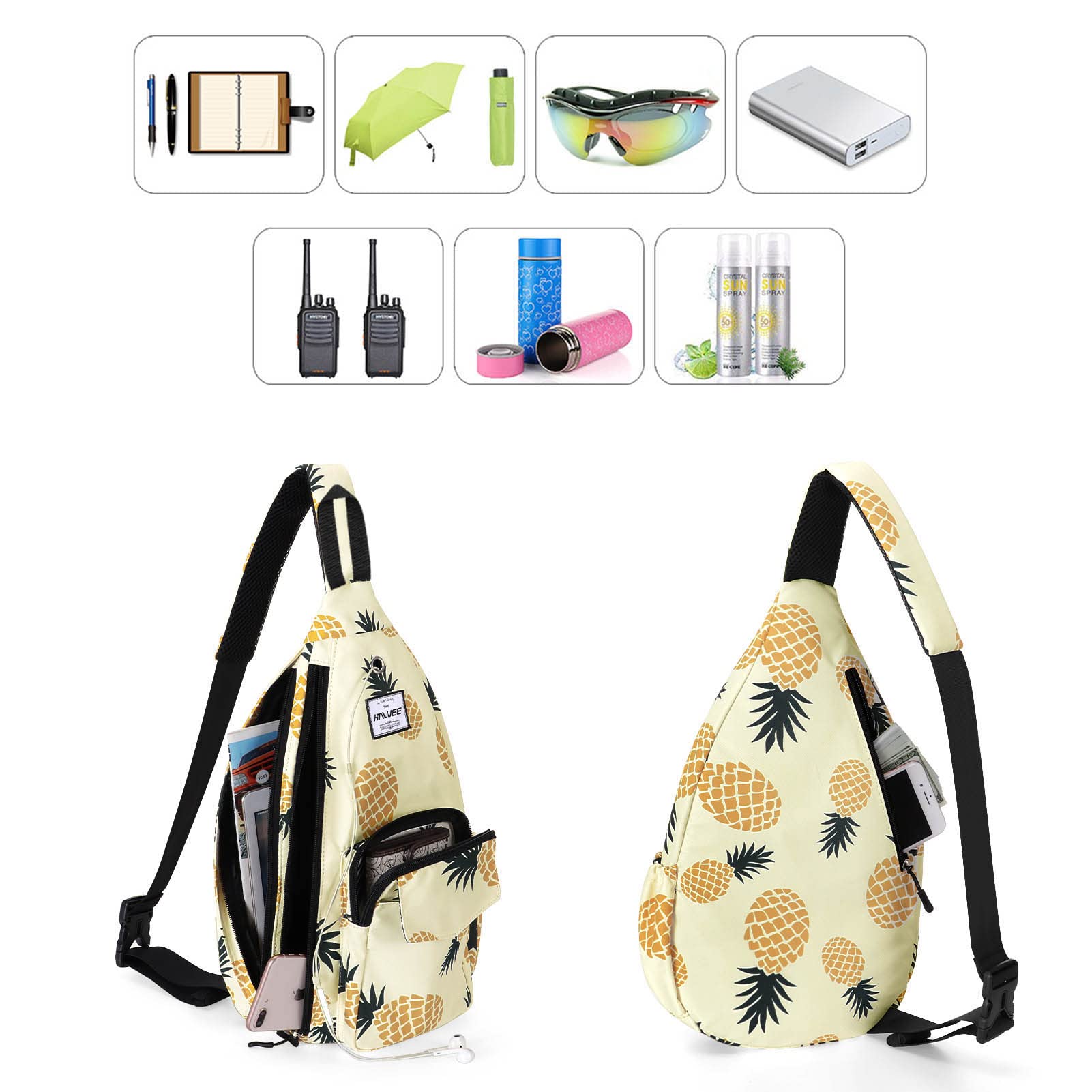 HAWEE Rope Sling Bag for Women Men Casual Cross Body Daypack Backpack Purse Adjustable Strap Bottle Pocket for Travel/Sport, Pineapple