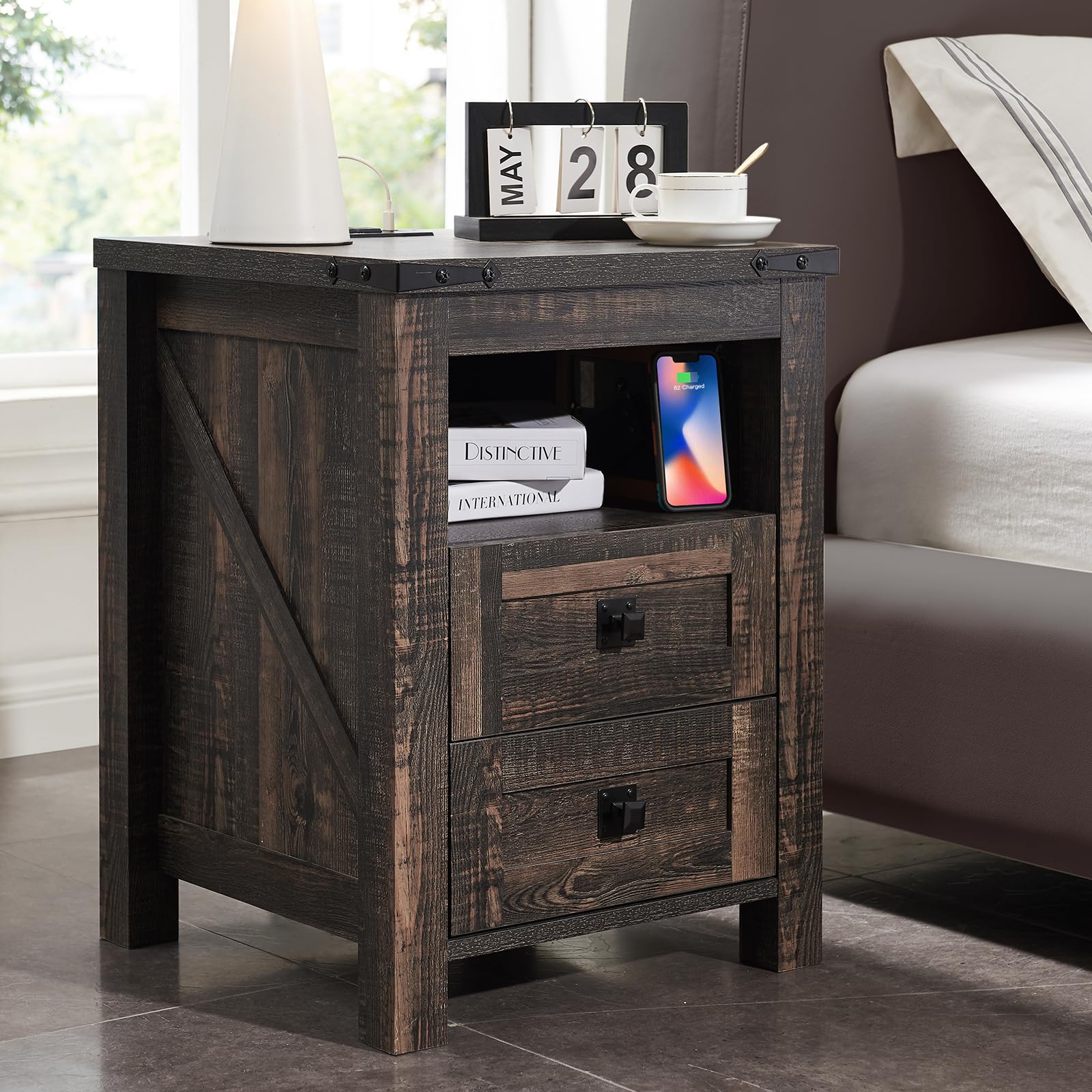 T4TREAM Nightstand with Charging Station, End Table, Side Table with 2 Drawers Storage Cabinet for Bedroom, Living Room, Farmhouse Design, Wood Rustic, Dark Rustic Oak