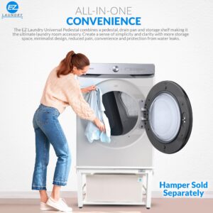 EZ Laundry | Upgraded 29” Universal Laundry Pedestal – 700lbs Capacity, Raises 16” with Built-in Drain Pan + Hose, Adjustable Feet, Anti-Vibration, Steel & Storage Shelf for Washer & Dryer (White)