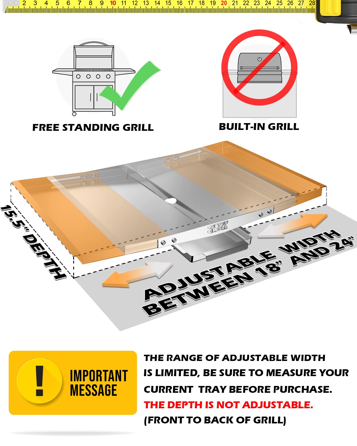 Grease Tray with Catch Pan - Adjustable Drip Pan for Gas Grill Models from Dyna Glo, Nexgrill, Expert Grill, Kenmore, BHG and More - Stainless Steel Grill Replacement Parts(Width 18"-24")