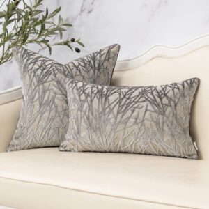 Yangest Grey Throw Pillow Cover Velvet Cushion Cover Branches Rectangular Pillowcase for Sofa Couch Bedroom Living Room, 12x20 Inch