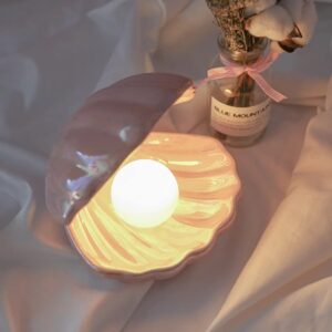 Koolouispoper Ins Japanese Style Ceramic Shell Pearl Night Light Streamer Mermaid Fairy Shell Night Lamp for Bedside Home Decoration Xmas Gift (Pink)