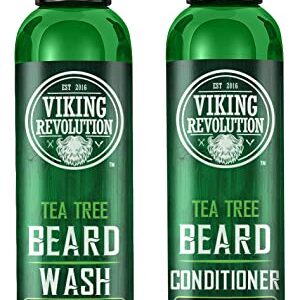 Viking Revolution Tea Tree Oil Beard Wash and Beard Conditioner For Men - Natural Beard Softener Set with Argan Oil, Vitamin E and Ginseng - Tea Tree Beard Shampoo and Conditioner Set (5 Oz)