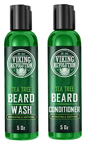 Viking Revolution Tea Tree Oil Beard Wash and Beard Conditioner For Men - Natural Beard Softener Set with Argan Oil, Vitamin E and Ginseng - Tea Tree Beard Shampoo and Conditioner Set (5 Oz)