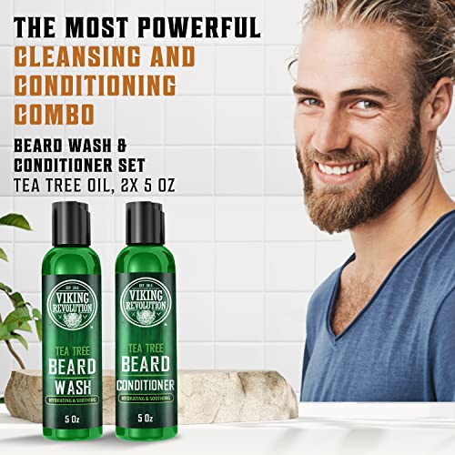 Viking Revolution Tea Tree Oil Beard Wash and Beard Conditioner For Men - Natural Beard Softener Set with Argan Oil, Vitamin E and Ginseng - Tea Tree Beard Shampoo and Conditioner Set (5 Oz)