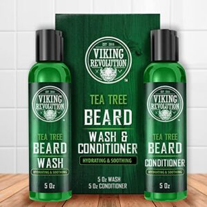 Viking Revolution Tea Tree Oil Beard Wash and Beard Conditioner For Men - Natural Beard Softener Set with Argan Oil, Vitamin E and Ginseng - Tea Tree Beard Shampoo and Conditioner Set (5 Oz)