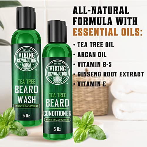 Viking Revolution Tea Tree Oil Beard Wash and Beard Conditioner For Men - Natural Beard Softener Set with Argan Oil, Vitamin E and Ginseng - Tea Tree Beard Shampoo and Conditioner Set (5 Oz)