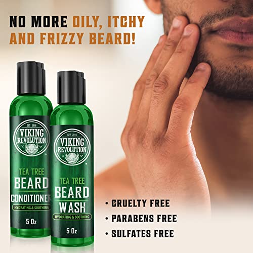 Viking Revolution Tea Tree Oil Beard Wash and Beard Conditioner For Men - Natural Beard Softener Set with Argan Oil, Vitamin E and Ginseng - Tea Tree Beard Shampoo and Conditioner Set (5 Oz)