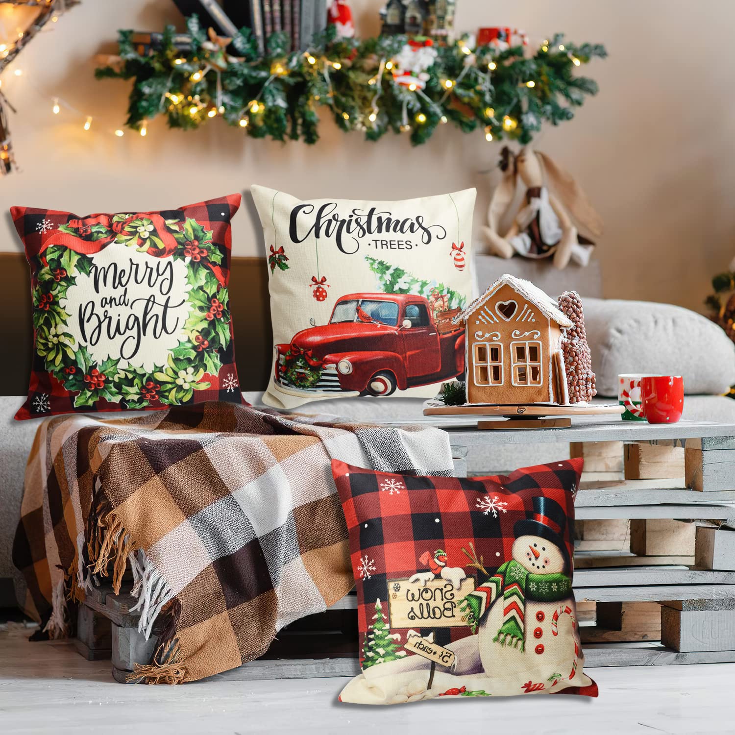 ButyHome Christmas Pillow Covers 18x18 Buffalo Plaid Pillows with Trees Snowman Elf Decorative Holiday Throw for Sofa Couch Decorations Set of 4 (Sa18)