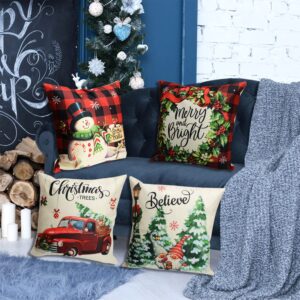 ButyHome Christmas Pillow Covers 18x18 Buffalo Plaid Pillows with Trees Snowman Elf Decorative Holiday Throw for Sofa Couch Decorations Set of 4 (Sa18)