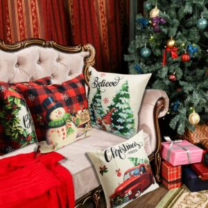 ButyHome Christmas Pillow Covers 18x18 Buffalo Plaid Pillows with Trees Snowman Elf Decorative Holiday Throw for Sofa Couch Decorations Set of 4 (Sa18)