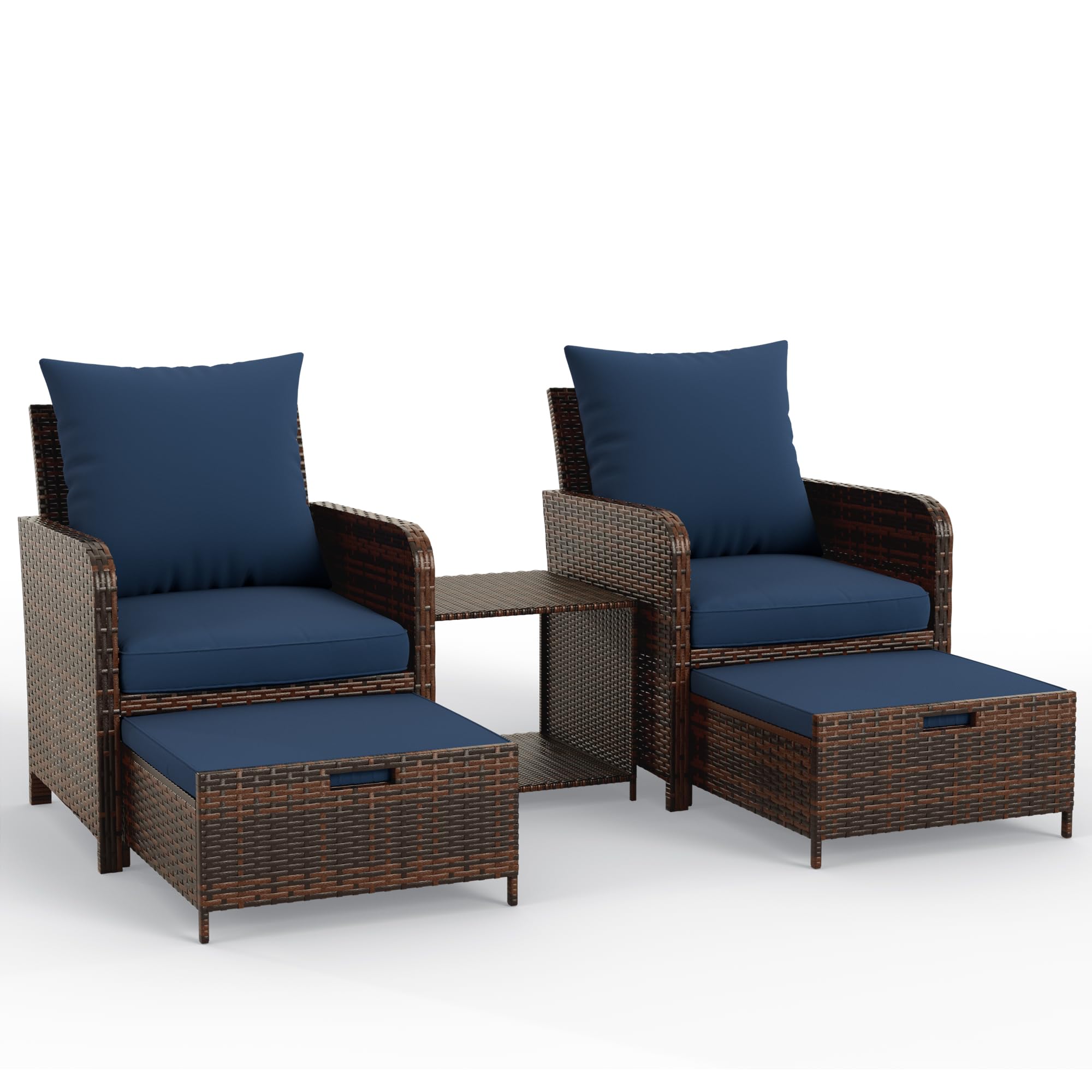 UDPATIO 5 Piece Patio Furniture Set, Outdoor Patio Conversation Rattan Chair with Ottomans w/Storage Coffee Table for Patio, Space Saving Design for Balcony Poolside Front Porch Deck, Navy