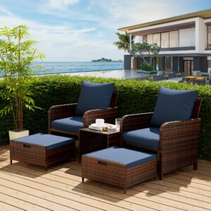 UDPATIO 5 Piece Patio Furniture Set, Outdoor Patio Conversation Rattan Chair with Ottomans w/Storage Coffee Table for Patio, Space Saving Design for Balcony Poolside Front Porch Deck, Navy