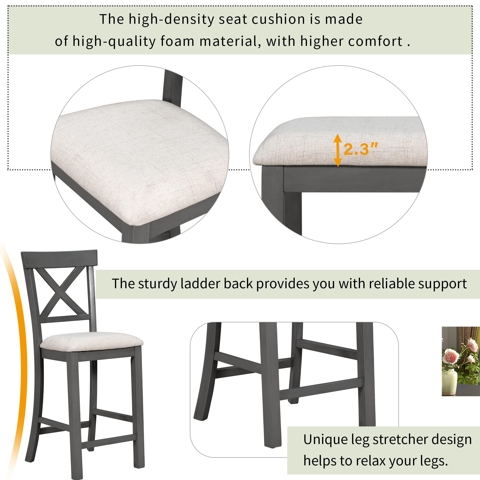 LUMISOL Wood Kitchen Dining Table Set of 6 with Bench and Chairs Farmhouse Rustic Dining Room Table Set, Recantgle Table with Shelf and Upholstered Seating, Gray