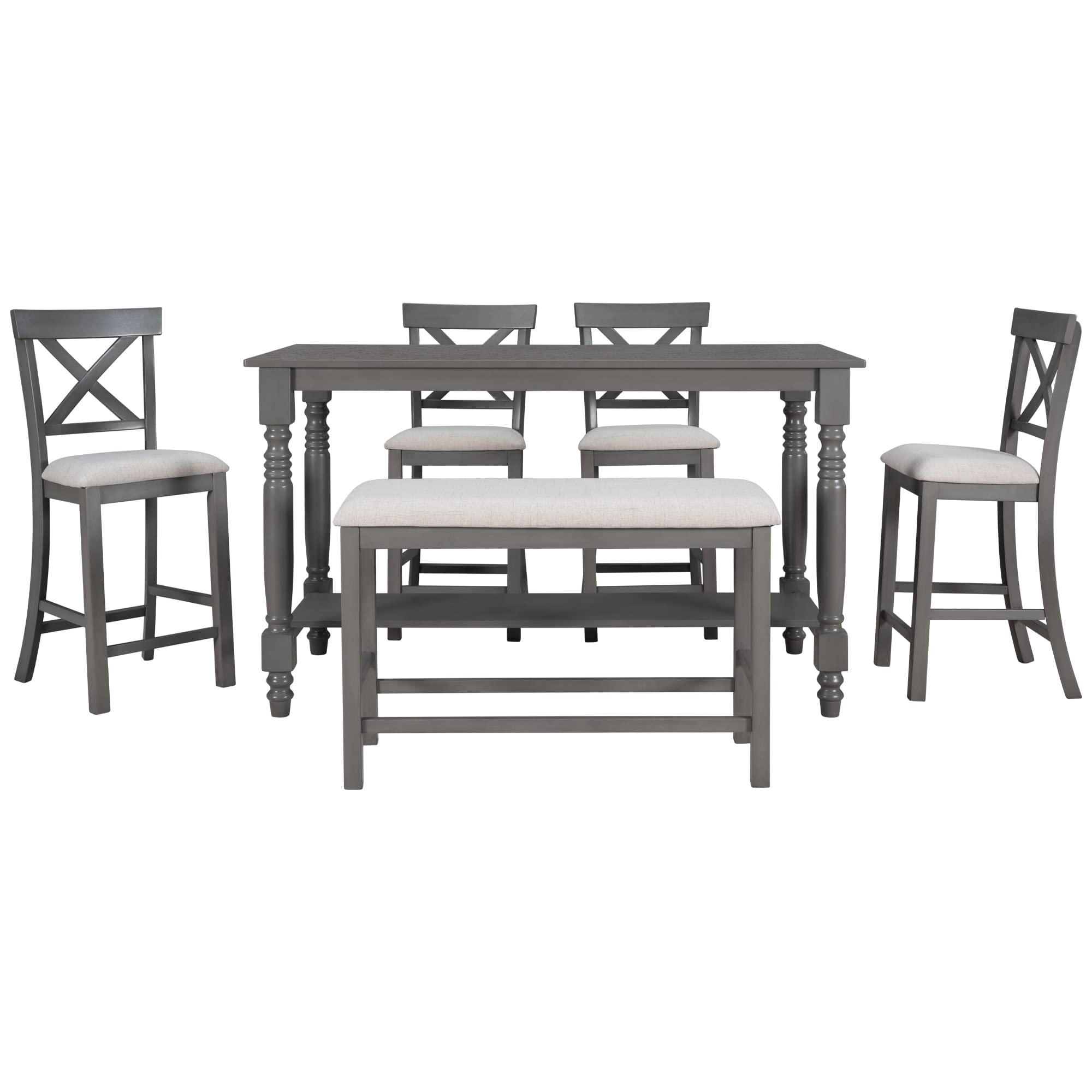 LUMISOL Wood Kitchen Dining Table Set of 6 with Bench and Chairs Farmhouse Rustic Dining Room Table Set, Recantgle Table with Shelf and Upholstered Seating, Gray