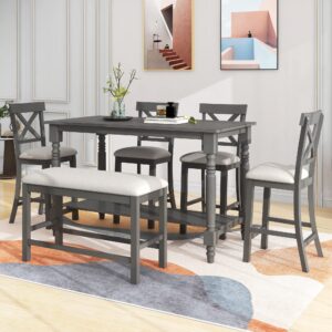 LUMISOL Wood Kitchen Dining Table Set of 6 with Bench and Chairs Farmhouse Rustic Dining Room Table Set, Recantgle Table with Shelf and Upholstered Seating, Gray