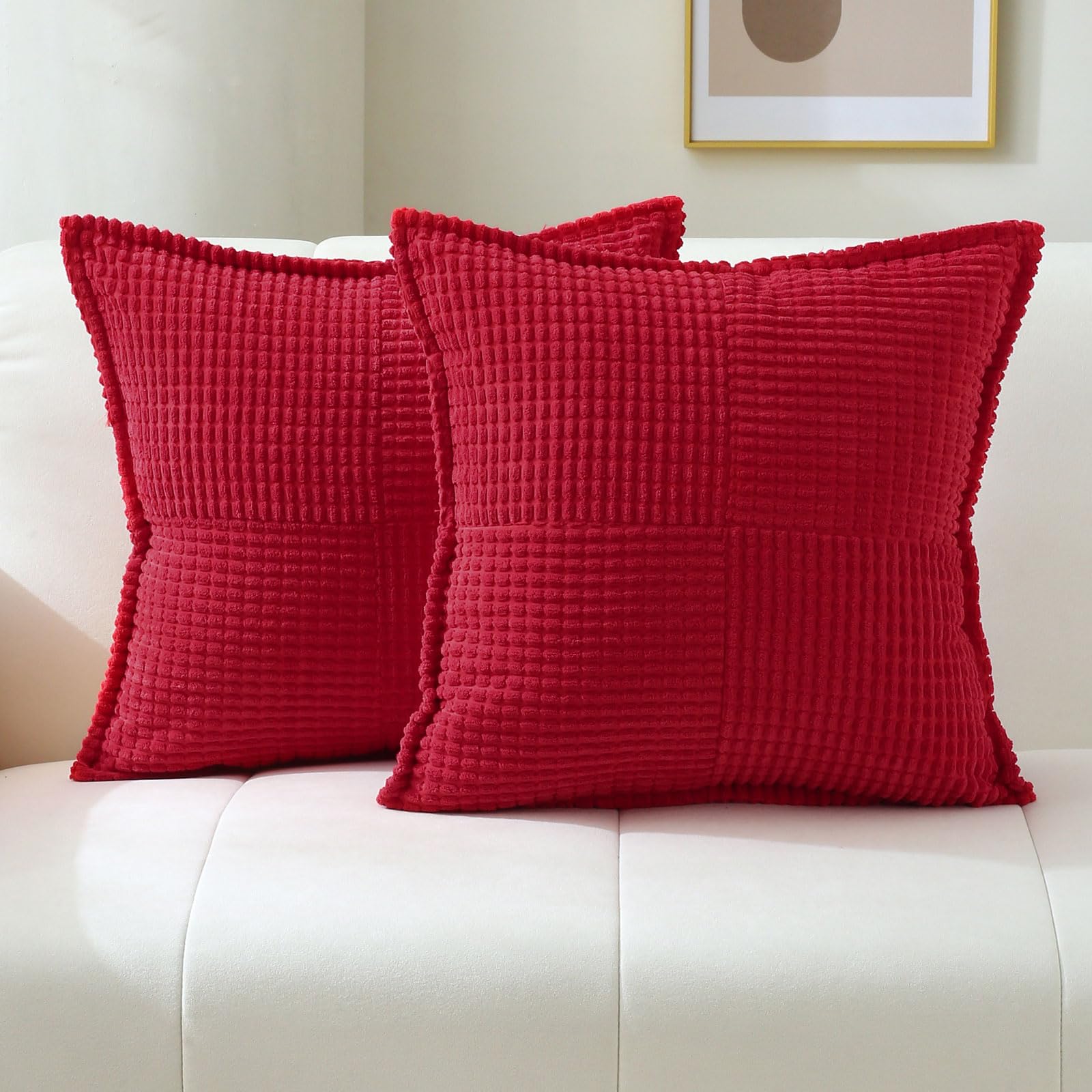 Ikuoic Red Decorative Throw Pillow Covers 20x20 Inch Set of 2,Square Cushion Case,Soft Cozy Corduroy Striped Fabric,Modern Home Decor for Couch,Bed