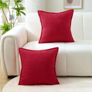 Ikuoic Red Decorative Throw Pillow Covers 20x20 Inch Set of 2,Square Cushion Case,Soft Cozy Corduroy Striped Fabric,Modern Home Decor for Couch,Bed