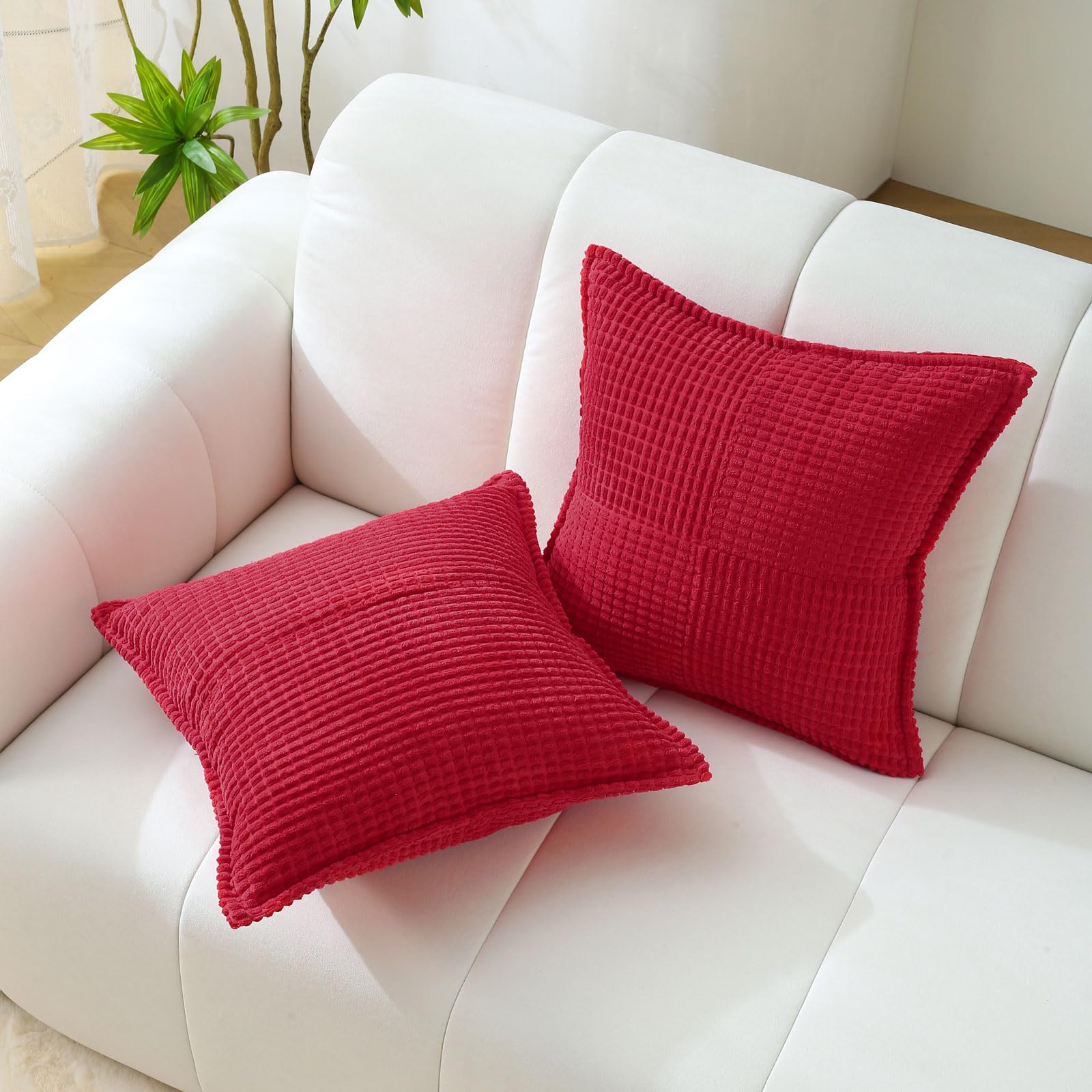 Ikuoic Red Decorative Throw Pillow Covers 20x20 Inch Set of 2,Square Cushion Case,Soft Cozy Corduroy Striped Fabric,Modern Home Decor for Couch,Bed