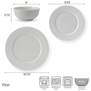 Mikasa Finn Bone China Lightweight Chip Resistant 12 Piece Dinnerware Set, Service for 4, White