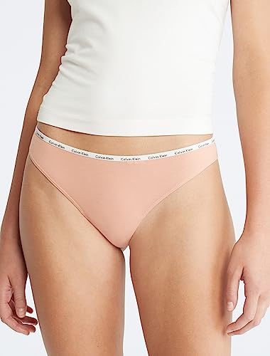 Calvin Klein Women's Signature Cotton Logo Stretch Thong Panties, 5-Pack, Star Stamp Exact/Tapioca/Gentle/Black/White, X-Small