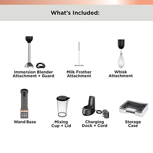 BLACK+DECKER Kitchen Wand Cordless Immersion Blender, 3 in 1 Multi Tool Set, Hand Blender with Charging Dock, Whisk and Milk Frother, Grey (BCKM1013KS01)