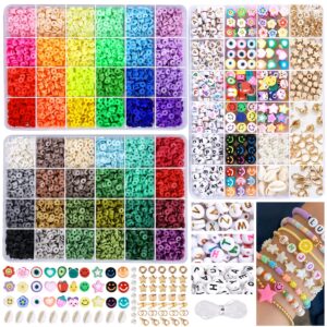 greentime 8640pcs clay beads for bracelet making, 48 colors flat round polymerbeads spacer heishi beads with 312pcs letter beads and 535pcs pendant charms kits for jewelry marking diy crafts