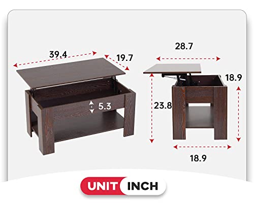 FDW Lift Top Coffee Table with Hidden Compartment and Storage Shelf Wooden Lift Tabletop for Home Living Room Reception Room Office (Espresso)