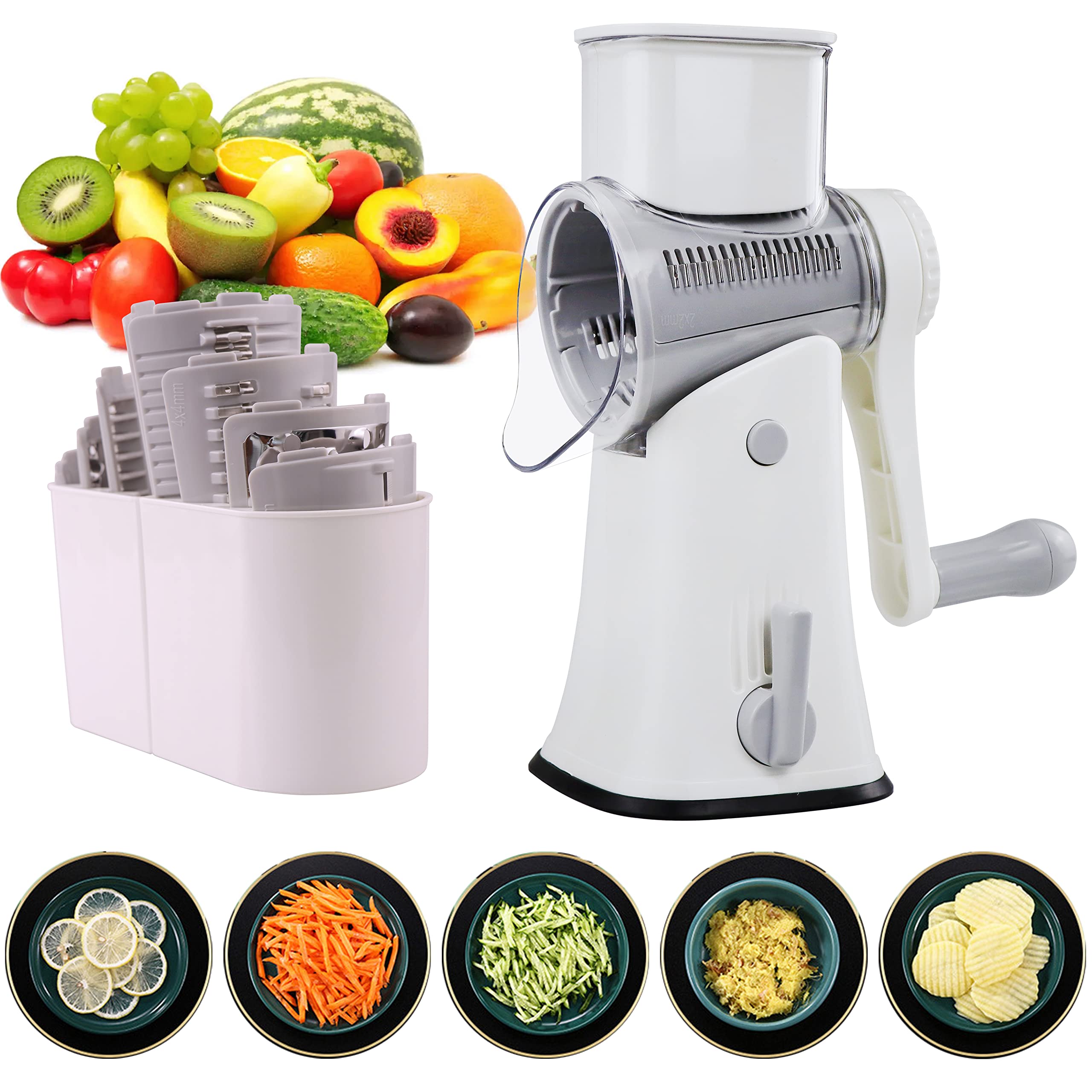 Rotary Cheese Grater and Shredder, Efficient Vegetable Cutter with Handle, 5 in 1 multifunctional Manual Mandoline Slicer for Home Use, Nuts Grinder, Durable Potato Slicer with Rubber Suction Base