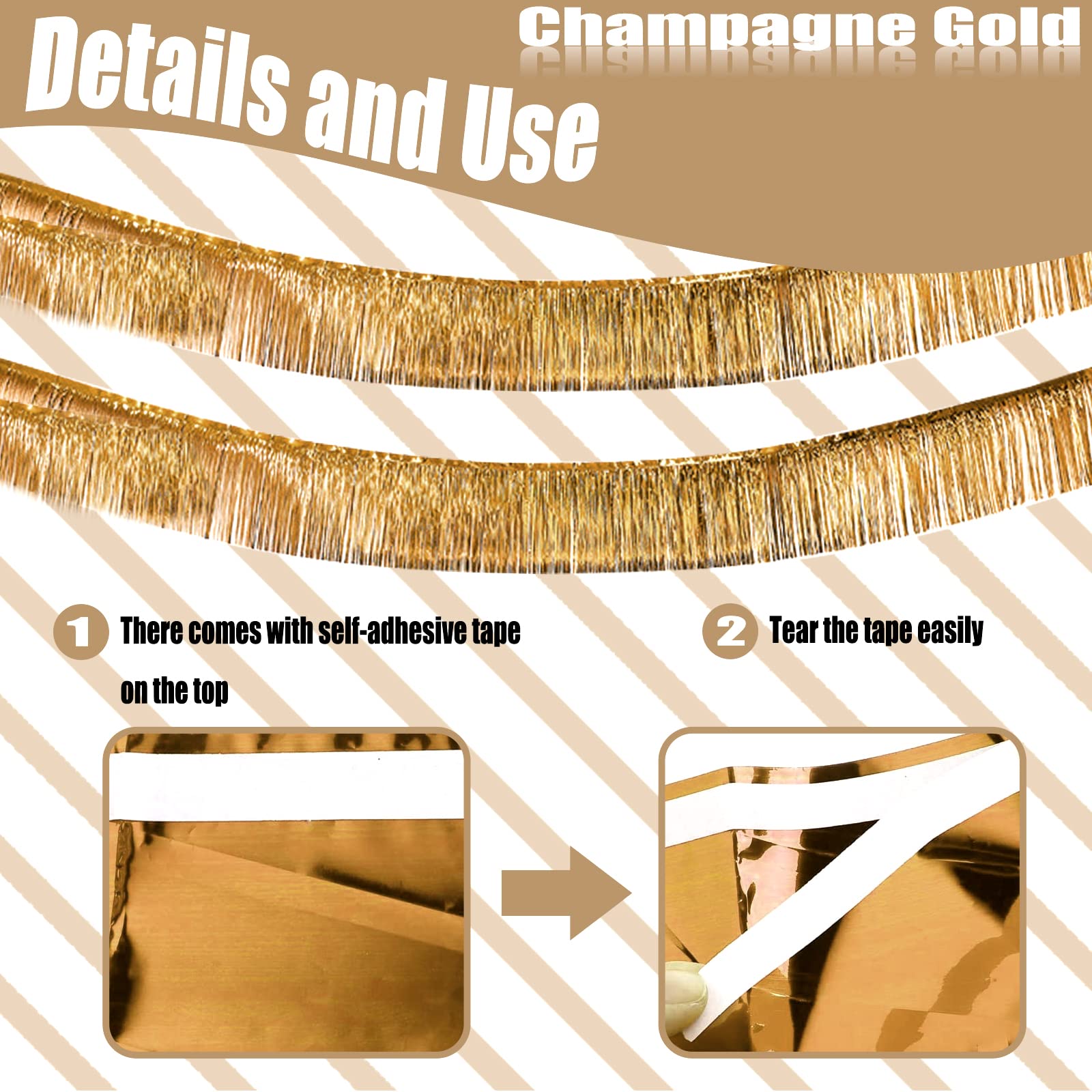 6 Pack 10 Feet Champagne Gold Foil Fringe Garland Metallic Tinsel Streamers Banner Wall Hanging Backdrop Banner for Parade Floats, Valentine's Day, Wedding, Birthday, Mardi Gras Party Decorations