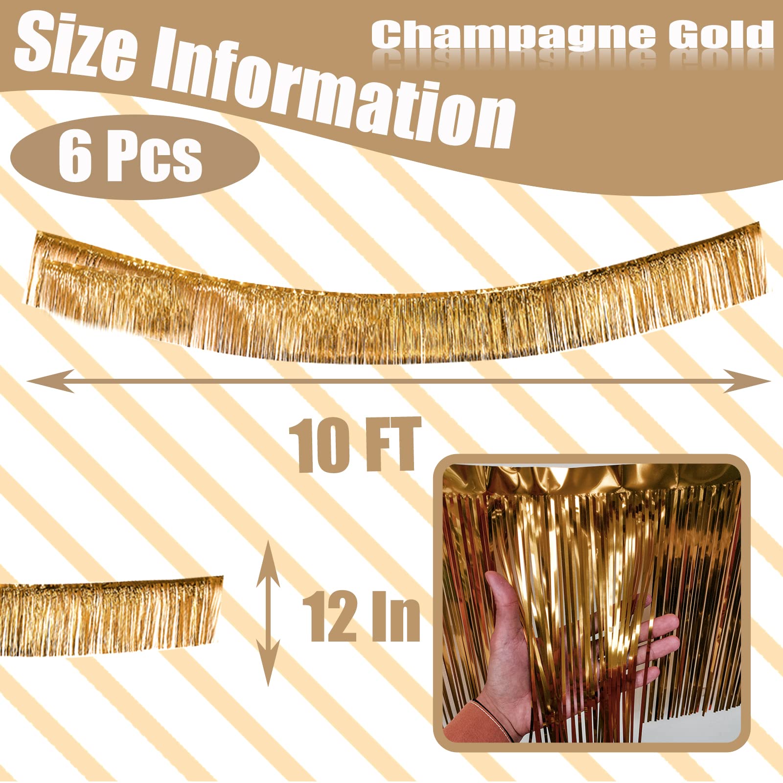 6 Pack 10 Feet Champagne Gold Foil Fringe Garland Metallic Tinsel Streamers Banner Wall Hanging Backdrop Banner for Parade Floats, Valentine's Day, Wedding, Birthday, Mardi Gras Party Decorations