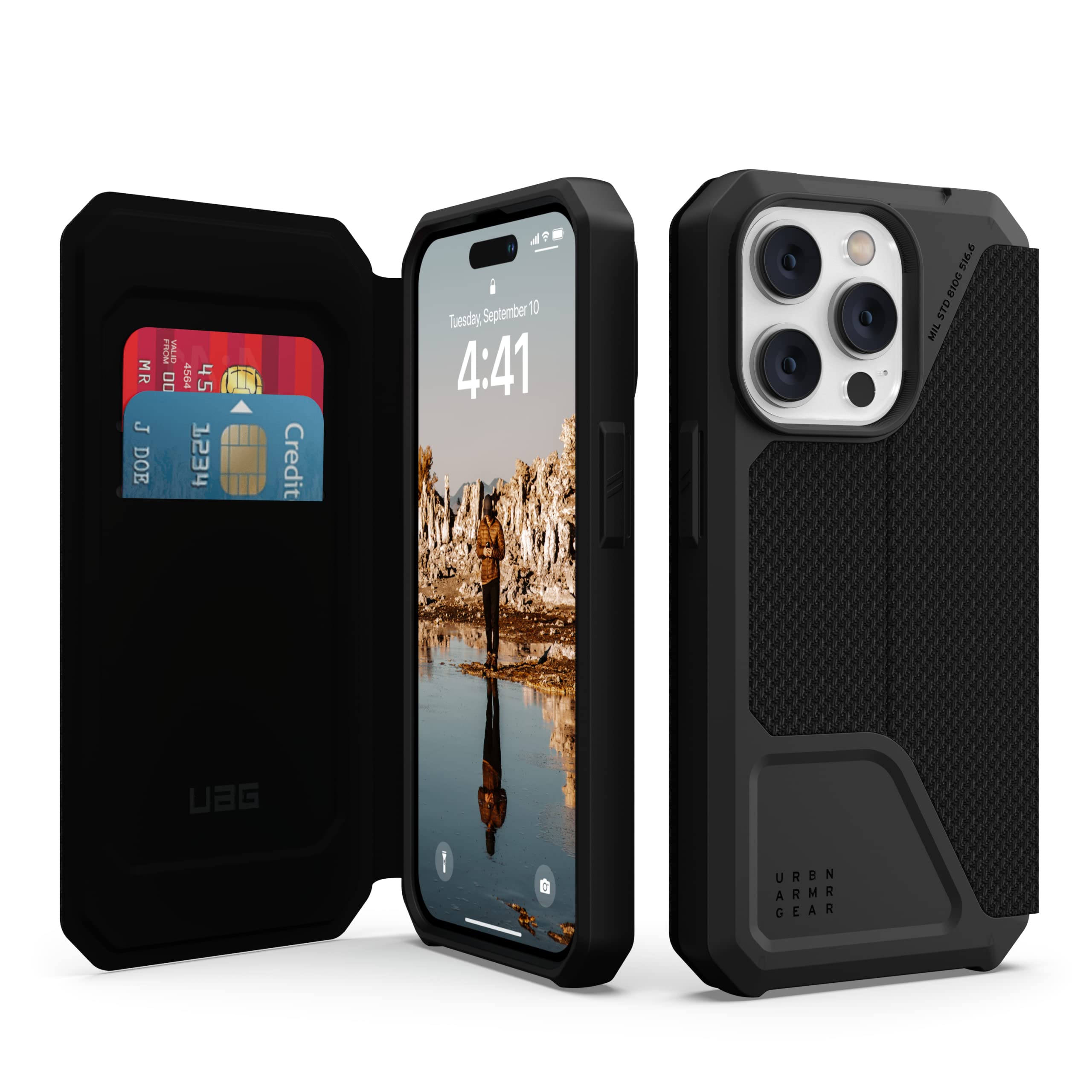 URBAN ARMOR GEAR UAG Designed for iPhone 14 Pro Case Kevlar Black 6.1" Metropolis Folio Flip Wallet Rugged Protective Cover with Card Holder Compatible with Wireless Charging